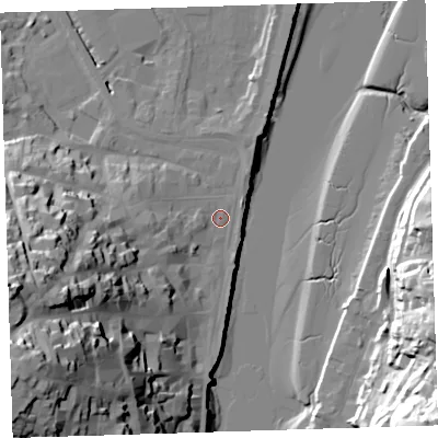 Shaded relief map of the ground around EX392EZ, computed from Environment Agency LiDAR. The ground here sits at about 5 m above sea level and falls 51 m across the surrounding 800 m. Surface water reaching this point runs off ground lying to the south-west, 43.7 m higher.