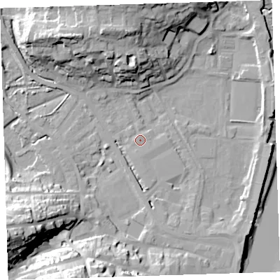 Shaded relief map of the ground around EX392FA, computed from Environment Agency LiDAR. The ground here sits at about 5 m above sea level and falls 31 m across the surrounding 800 m. Surface water reaching this point runs off ground lying to the south-west, 27.5 m higher.
