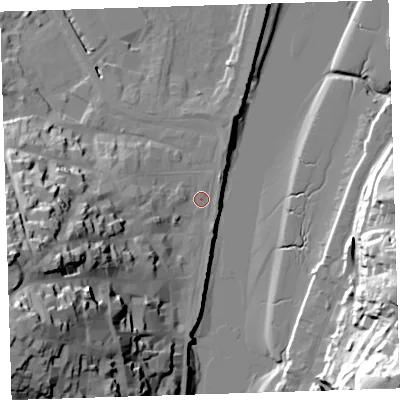 Shaded relief map of the ground around EX392HE, computed from Environment Agency LiDAR. The ground here sits at about 5 m above sea level and falls 51 m across the surrounding 800 m. Surface water reaching this point runs off ground lying to the south-west, 43.7 m higher.