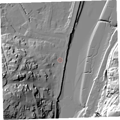 Shaded relief map of the ground around EX392HF, computed from Environment Agency LiDAR. The ground here sits at about 5 m above sea level and falls 51 m across the surrounding 800 m. Surface water reaching this point runs off ground lying to the south-west, 43.7 m higher.