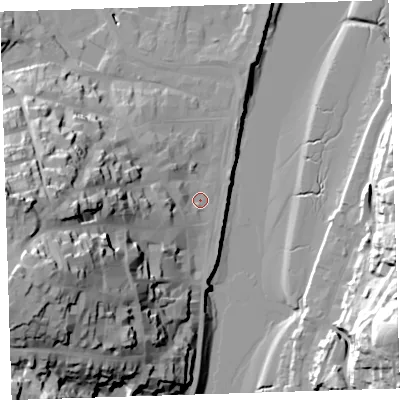 Shaded relief map of the ground around EX392HJ, computed from Environment Agency LiDAR. The ground here sits at about 5 m above sea level and falls 51 m across the surrounding 800 m. Surface water reaching this point runs off ground lying to the west-south-west, 44.1 m higher.