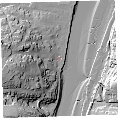 Shaded relief map of the ground around EX392HW, computed from Environment Agency LiDAR. The ground here sits at about 5 m above sea level and falls 54 m across the surrounding 800 m. Surface water reaching this point runs off ground lying to the west-south-west, 43.4 m higher.