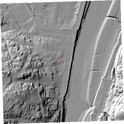 Shaded relief map of the ground around EX392JG, computed from Environment Agency LiDAR. The ground here sits at about 5 m above sea level and falls 51 m across the surrounding 800 m. Surface water reaching this point runs off ground lying to the west-south-west, 44.2 m higher.
