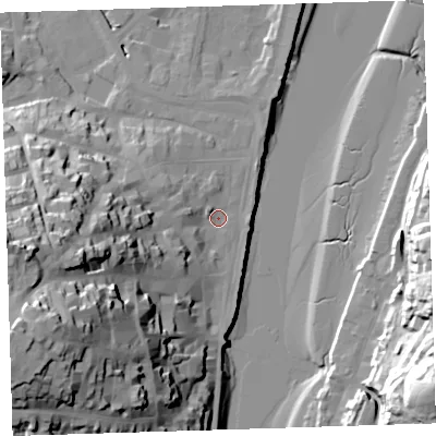 Shaded relief map of the ground around EX392JH, computed from Environment Agency LiDAR. The ground here sits at about 5 m above sea level and falls 51 m across the surrounding 800 m. Surface water reaching this point runs off ground lying to the west-south-west, 44.2 m higher.