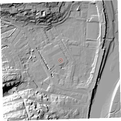 Shaded relief map of the ground around EX392LG, computed from Environment Agency LiDAR. The ground here sits at about 5 m above sea level and falls 39 m across the surrounding 800 m. The ground contributing surface water to this point lies to the north-north-west.
