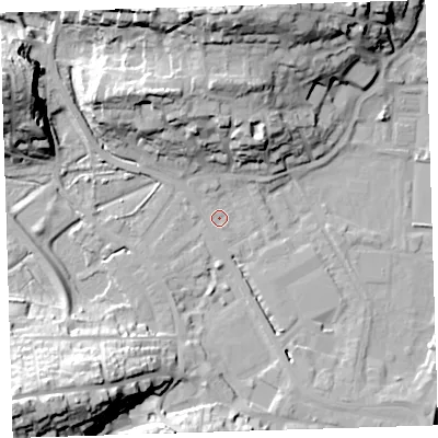 Shaded relief map of the ground around EX392LH, computed from Environment Agency LiDAR. The ground here sits at about 4 m above sea level and falls 32 m across the surrounding 800 m. Surface water reaching this point runs off ground lying to the west-north-west, 28.3 m higher.
