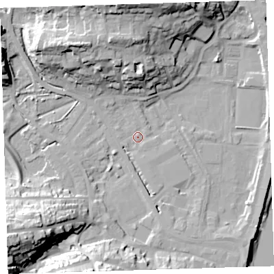 Shaded relief map of the ground around EX392LJ, computed from Environment Agency LiDAR. The ground here sits at about 4 m above sea level and falls 32 m across the surrounding 800 m. Surface water reaching this point runs off ground lying to the south-west, 28.5 m higher.
