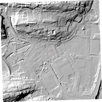 Shaded relief map of the ground around EX392LL, computed from Environment Agency LiDAR. The ground here sits at about 4 m above sea level and falls 32 m across the surrounding 800 m. Surface water reaching this point runs off ground lying to the south-west, 28.5 m higher.