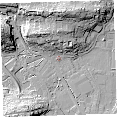 Shaded relief map of the ground around EX392LP, computed from Environment Agency LiDAR. The ground here sits at about 5 m above sea level and falls 32 m across the surrounding 800 m. Surface water reaching this point runs off ground lying to the north, 25.7 m higher.