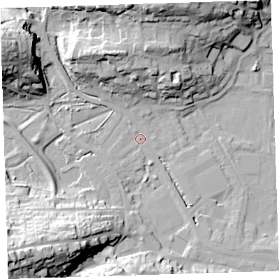 Shaded relief map of the ground around EX392LQ, computed from Environment Agency LiDAR. The ground here sits at about 4 m above sea level and falls 33 m across the surrounding 800 m. Surface water reaching this point runs off ground lying to the north-west, 29.8 m higher.