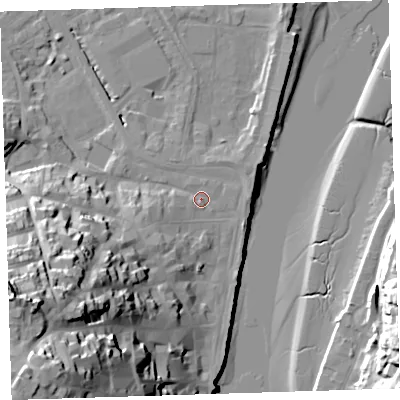 Shaded relief map of the ground around EX392NA, computed from Environment Agency LiDAR. The ground here sits at about 6 m above sea level and falls 51 m across the surrounding 800 m. Surface water reaching this point runs off ground lying to the south-west, 44.2 m higher.