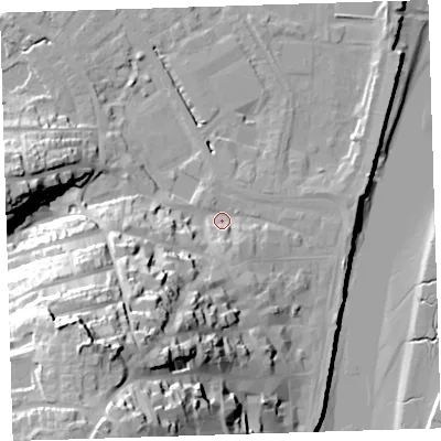 Shaded relief map of the ground around EX392NB, computed from Environment Agency LiDAR. The ground here sits at about 6 m above sea level and falls 51 m across the surrounding 800 m. Surface water reaching this point runs off ground lying to the south-south-west, 44.3 m higher.