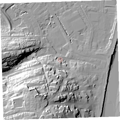 Shaded relief map of the ground around EX392ND, computed from Environment Agency LiDAR. The ground here sits at about 6 m above sea level and falls 51 m across the surrounding 800 m. Surface water reaching this point runs off ground lying to the south-south-west, 38.1 m higher.