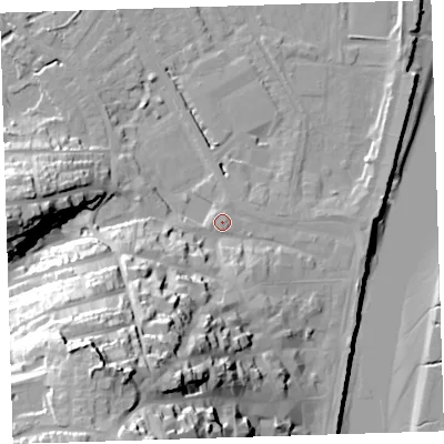 Shaded relief map of the ground around EX392NE, computed from Environment Agency LiDAR. The ground here sits at about 6 m above sea level and falls 49 m across the surrounding 800 m. Surface water reaching this point runs off ground lying to the south-south-west, 42.8 m higher.