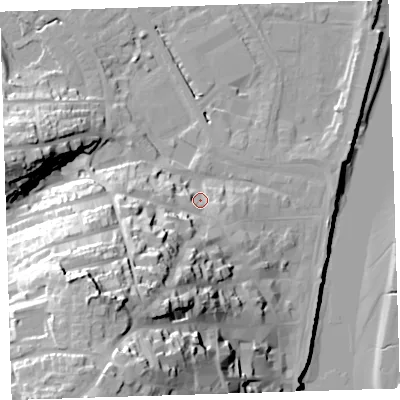 Shaded relief map of the ground around EX392NF, computed from Environment Agency LiDAR. The ground here sits at about 7 m above sea level and falls 51 m across the surrounding 800 m. Surface water reaching this point runs off ground lying to the south-west, 38.2 m higher.