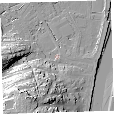 Shaded relief map of the ground around EX392NG, computed from Environment Agency LiDAR. The ground here sits at about 5 m above sea level and falls 48 m across the surrounding 800 m. Surface water reaching this point runs off ground lying to the south-south-east, 1.8 m higher.