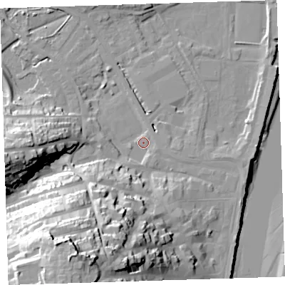 Shaded relief map of the ground around EX392NP, computed from Environment Agency LiDAR. The ground here sits at about 5 m above sea level and falls 47 m across the surrounding 800 m. Surface water reaching this point runs off ground lying to the south-west, 2.5 m higher.