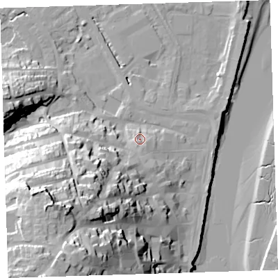 Shaded relief map of the ground around EX392NZ, computed from Environment Agency LiDAR. The ground here sits at about 8 m above sea level and falls 51 m across the surrounding 800 m. Surface water reaching this point runs off ground lying to the south-south-west, 21.9 m higher.