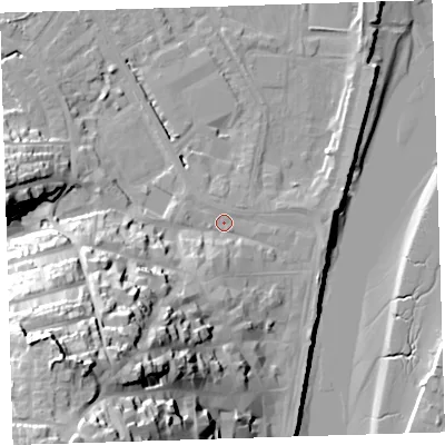Shaded relief map of the ground around EX392PF, computed from Environment Agency LiDAR. The ground here sits at about 5 m above sea level and falls 50 m across the surrounding 800 m. Surface water reaching this point runs off ground lying to the south-west, 44.0 m higher.