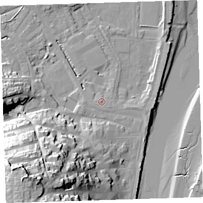 Shaded relief map of the ground around EX392PH, computed from Environment Agency LiDAR. The ground here sits at about 6 m above sea level and falls 47 m across the surrounding 800 m. The ground contributing surface water to this point lies to the west-south-west.