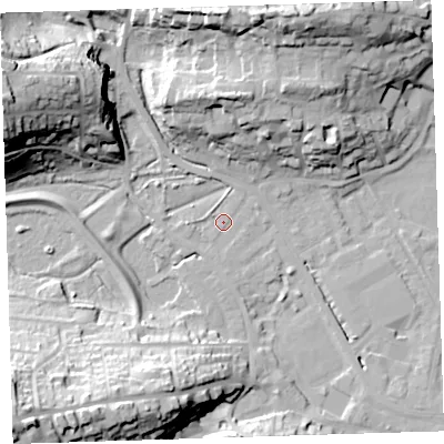 Shaded relief map of the ground around EX392PL, computed from Environment Agency LiDAR. The ground here sits at about 4 m above sea level and falls 38 m across the surrounding 800 m. Surface water reaching this point runs off ground lying to the north-west, 29.3 m higher.