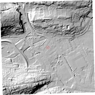 Shaded relief map of the ground around EX392PN, computed from Environment Agency LiDAR. The ground here sits at about 4 m above sea level and falls 38 m across the surrounding 800 m. Surface water reaching this point runs off ground lying to the north-west, 29.3 m higher.