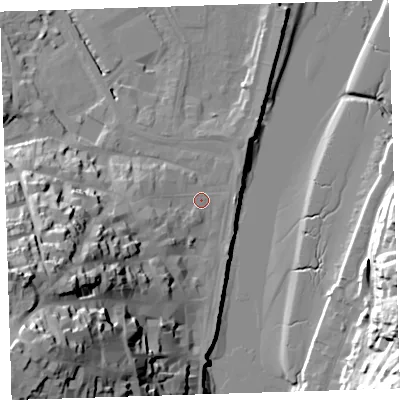 Shaded relief map of the ground around EX392PS, computed from Environment Agency LiDAR. The ground here sits at about 6 m above sea level and falls 51 m across the surrounding 800 m. Surface water reaching this point runs off ground lying to the south-west, 44.2 m higher.