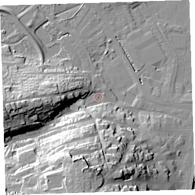 Shaded relief map of the ground around EX392PW, computed from Environment Agency LiDAR. The ground here sits at about 6 m above sea level and falls 47 m across the surrounding 800 m. Surface water reaching this point runs off ground lying to the south, 40.4 m higher.
