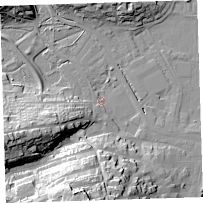 Shaded relief map of the ground around EX392PY, computed from Environment Agency LiDAR. The ground here sits at about 4 m above sea level and falls 46 m across the surrounding 800 m. Surface water reaching this point runs off ground lying to the south, 42.3 m higher.