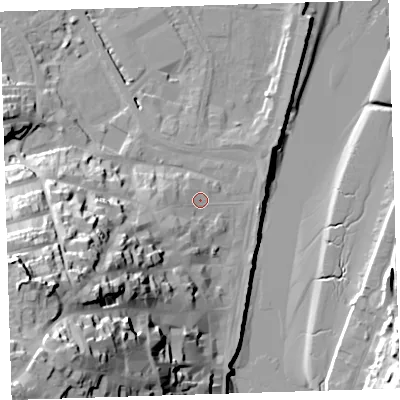 Shaded relief map of the ground around EX392PZ, computed from Environment Agency LiDAR. The ground here sits at about 6 m above sea level and falls 51 m across the surrounding 800 m. Surface water reaching this point runs off ground lying to the south-west, 20.1 m higher.