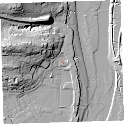 Shaded relief map of the ground around EX392QD, computed from Environment Agency LiDAR. The ground here sits at about 5 m above sea level and falls 34 m across the surrounding 800 m. Surface water reaching this point runs off ground lying to the west-north-west, 24.8 m higher.