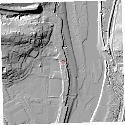 Shaded relief map of the ground around EX392QG, computed from Environment Agency LiDAR. The ground here sits at about 6 m above sea level and falls 30 m across the surrounding 800 m. Surface water reaching this point runs off ground lying to the west-north-west, 25.9 m higher.