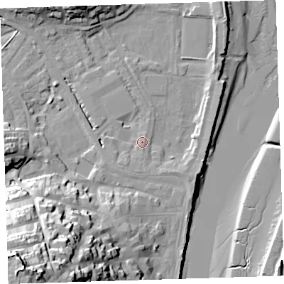 Shaded relief map of the ground around EX392QH, computed from Environment Agency LiDAR. The ground here sits at about 5 m above sea level and falls 47 m across the surrounding 800 m. Surface water reaching this point runs off ground lying to the south, 1.2 m higher.