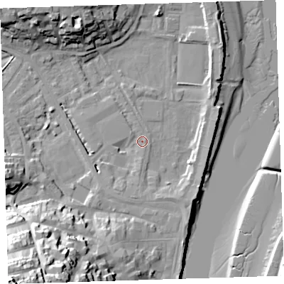 Shaded relief map of the ground around EX392QJ, computed from Environment Agency LiDAR. The ground here sits at about 4 m above sea level and falls 46 m across the surrounding 800 m. Surface water reaching this point runs off ground lying to the south-south-west, 4.1 m higher.