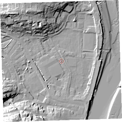 Shaded relief map of the ground around EX392QL, computed from Environment Agency LiDAR. The ground here sits at about 4 m above sea level and falls 29 m across the surrounding 800 m. Surface water reaching this point runs off ground lying to the south-east, 5.2 m higher.