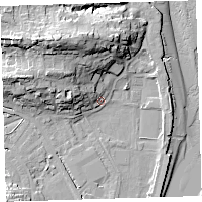 Shaded relief map of the ground around EX392QN, computed from Environment Agency LiDAR. The ground here sits at about 6 m above sea level and falls 32 m across the surrounding 800 m. Surface water reaching this point runs off ground lying to the west-north-west, 7.5 m higher.
