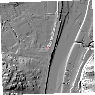 Shaded relief map of the ground around EX392QQ, computed from Environment Agency LiDAR. The ground here sits at about 5 m above sea level and falls 43 m across the surrounding 800 m. Surface water reaching this point runs off ground lying to the east, 3.7 m higher.