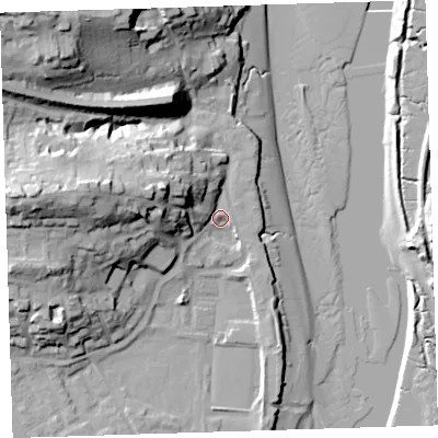 Shaded relief map of the ground around EX392QR, computed from Environment Agency LiDAR. The ground here sits at about 5 m above sea level and falls 39 m across the surrounding 800 m. Surface water reaching this point runs off ground lying to the west, 24.8 m higher.