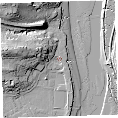 Shaded relief map of the ground around EX392QS, computed from Environment Agency LiDAR. The ground here sits at about 4 m above sea level and falls 38 m across the surrounding 800 m. Surface water reaching this point runs off ground lying to the west, 24.8 m higher.