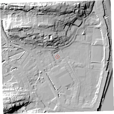 Shaded relief map of the ground around EX392QT, computed from Environment Agency LiDAR. The ground here sits at about 4 m above sea level and falls 31 m across the surrounding 800 m. Surface water reaching this point runs off ground lying to the west-north-west, 1.7 m higher.