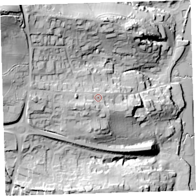 Shaded relief map of the ground around EX392RG, computed from Environment Agency LiDAR. The ground here sits at about 31 m above sea level and falls 71 m across the surrounding 800 m. Surface water reaching this point runs off ground lying to the west-south-west, 6.4 m higher.