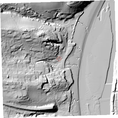 Shaded relief map of the ground around EX392RH, computed from Environment Agency LiDAR. The ground here sits at about 6 m above sea level and falls 47 m across the surrounding 800 m. Surface water reaching this point runs off ground lying to the west-north-west, 39.2 m higher.