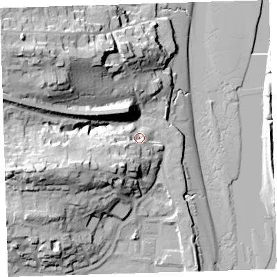 Shaded relief map of the ground around EX392RX, computed from Environment Agency LiDAR. The ground here sits at about 9 m above sea level and falls 40 m across the surrounding 800 m. Surface water reaching this point runs off ground lying to the south-south-west, 14.9 m higher.