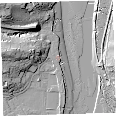 Shaded relief map of the ground around EX392RY, computed from Environment Agency LiDAR. The ground here sits at about 6 m above sea level and falls 38 m across the surrounding 800 m. Surface water reaching this point runs off ground lying to the north-north-west, 0.5 m higher.