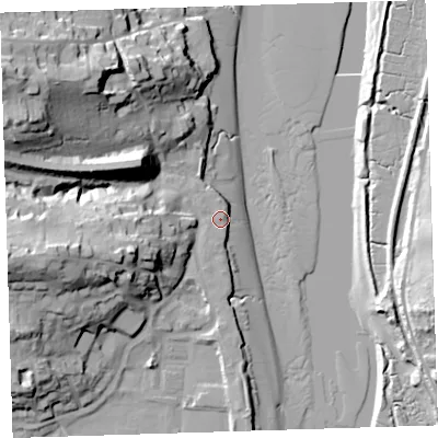 Shaded relief map of the ground around EX392RZ, computed from Environment Agency LiDAR. The ground here sits at about 6 m above sea level and falls 39 m across the surrounding 800 m. Surface water reaching this point runs off ground lying to the west-south-west, 17.1 m higher.