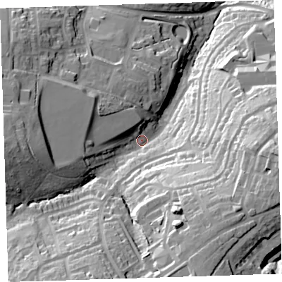 Shaded relief map of the ground around EX393AZ, computed from Environment Agency LiDAR. The ground here sits at about 45 m above sea level and falls 49 m across the surrounding 800 m. Surface water reaching this point runs off ground lying to the south-south-west, 35.3 m higher.
