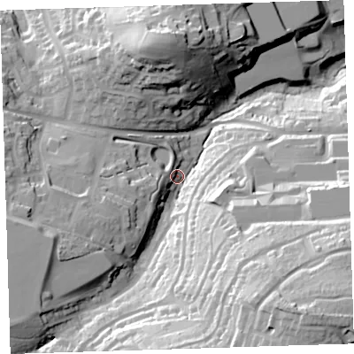 Shaded relief map of the ground around EX393BA, computed from Environment Agency LiDAR. The ground here sits at about 37 m above sea level and falls 57 m across the surrounding 800 m. Surface water reaching this point runs off ground lying to the south-east, 43.6 m higher.