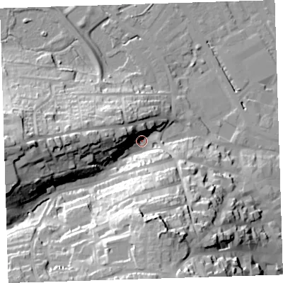 Shaded relief map of the ground around EX393JH, computed from Environment Agency LiDAR. The ground here sits at about 6 m above sea level and falls 46 m across the surrounding 800 m. Surface water reaching this point runs off ground lying to the south, 40.1 m higher.