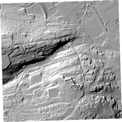 Shaded relief map of the ground around EX393JL, computed from Environment Agency LiDAR. The ground here sits at about 17 m above sea level and falls 48 m across the surrounding 800 m. Surface water reaching this point runs off ground lying to the south-east, 14.4 m higher.