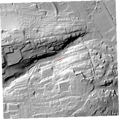 Shaded relief map of the ground around EX393JN, computed from Environment Agency LiDAR. The ground here sits at about 14 m above sea level and falls 49 m across the surrounding 800 m. Surface water reaching this point runs off ground lying to the south-west, 39.4 m higher.